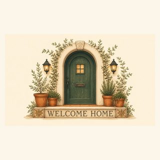 Design art for the Welcome Home Doormat: a green door with potted plants