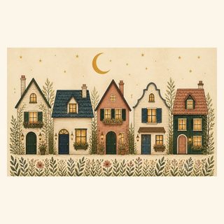 Design art for the Moonlit Row Homes Doormat: a row of houses under a crescent moon