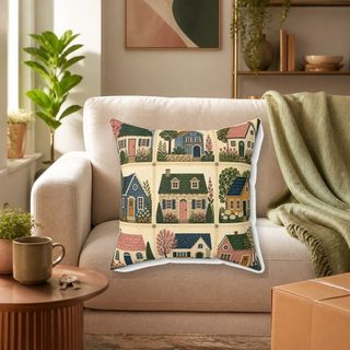 Little Neighborhood illustrated throw pillow on a reading chair