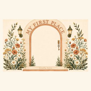 Design art for the First Apartment Doormat: an arch that reads My First Place, with wildflowers