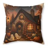 Lantern Ghost Cottage throw pillow design, two ghosts outside a lantern-lit cottage