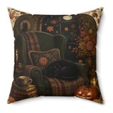 Black Cat Reading Nook throw pillow design, a cat asleep in a plaid armchair