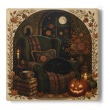 Black Cat Reading Nook ceramic coaster design