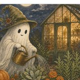 Moonlit Ghost Garden doormat design, a ghost watering flowers by a glowing greenhouse