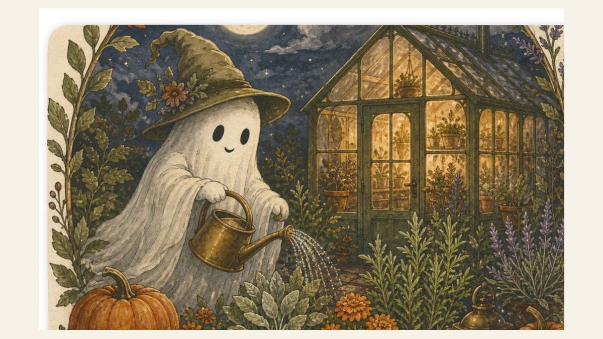 Moonlit Ghost Garden welcome mat with a ghost watering flowers outside a glowing greenhouse