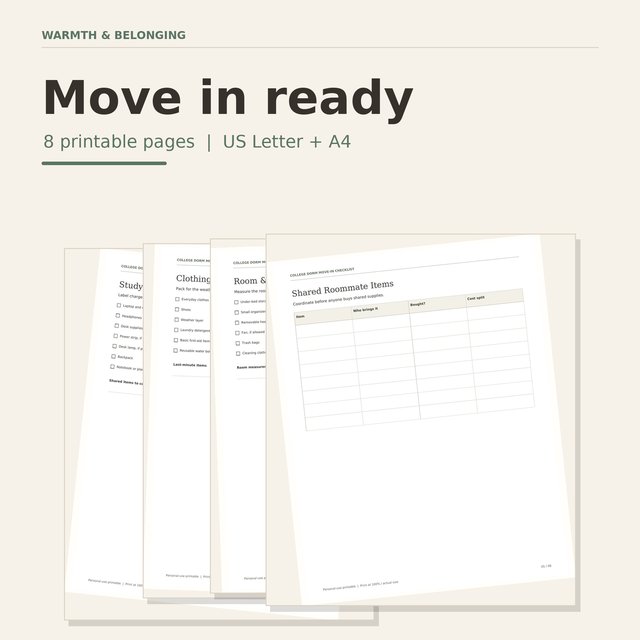 College Dorm Move-In Checklist printable cover page
