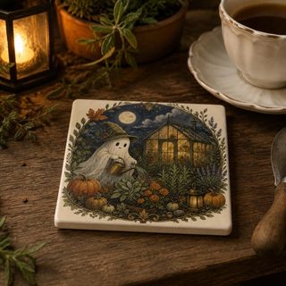 Moonlit Ghost Garden coaster on a wooden table with a lit candle and teacup, a ghost in a witch hat watering a garden