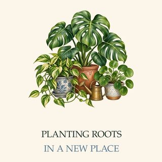 Design art for the Planting Roots Mug: potted plants, a watering can and the words Planting Roots in a New Place