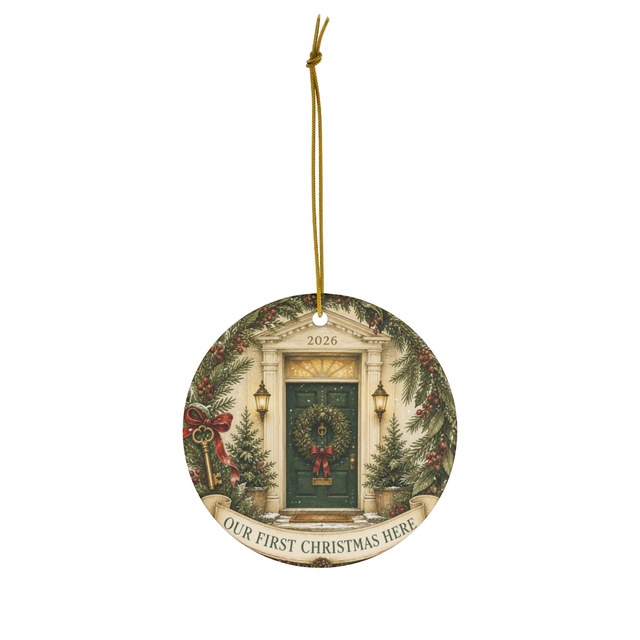 Round ceramic ornament printed with a green front door, a wreath, the year 2026 and the words Our First Christmas Here