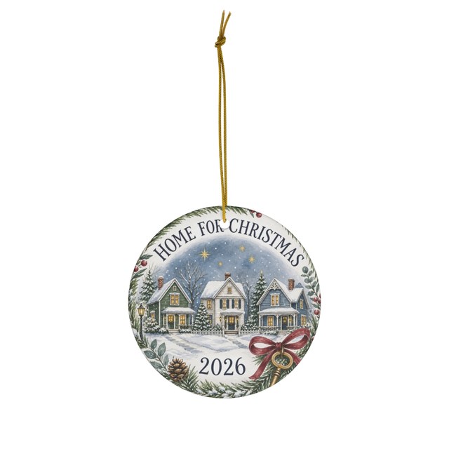 Round ceramic ornament printed with three houses in the snow and the words Home for Christmas 2026