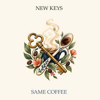 Design art for the New Keys Same Coffee Mug: a house key, a spoon and a cup of coffee with steam shaped like a house