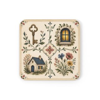 Square coaster printed like a tile with a key, a lit window, a cottage and wildflowers