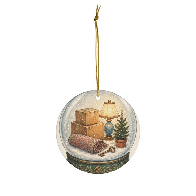 Round ceramic ornament printed with a snow globe holding moving boxes, a lamp, a rug and a small tree