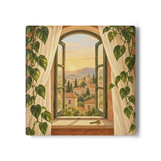 Square ceramic coaster printed with an open window at sunrise, vines on both sides and a key on the sill