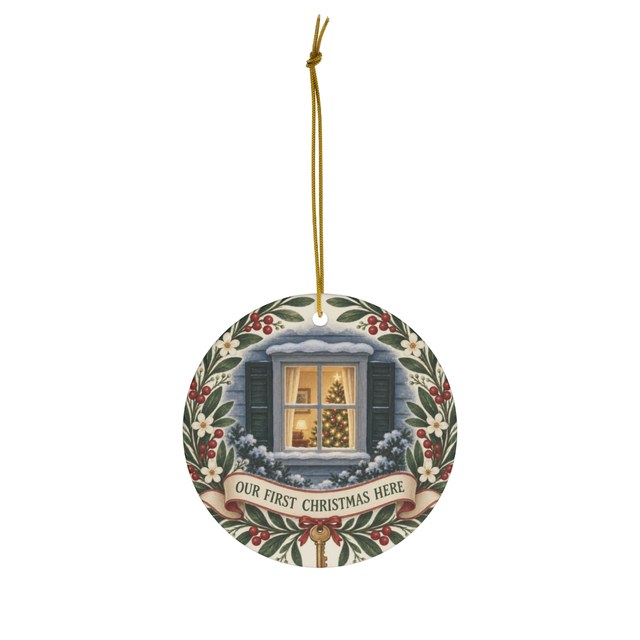 Round ceramic ornament printed with a window, a lit Christmas tree inside and the words Our First Christmas Here