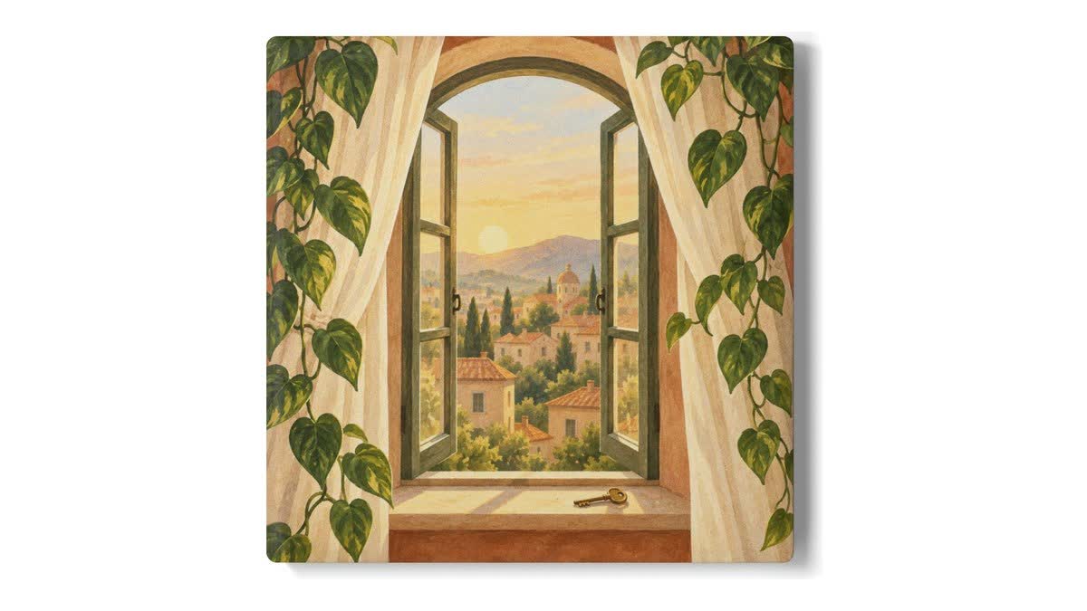Morning Window ceramic coaster with an open window at sunrise