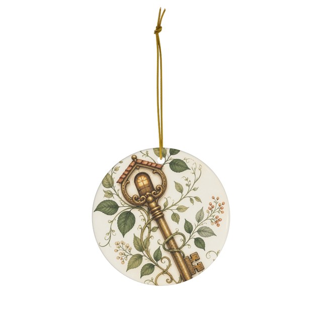 Botanical house key ceramic ornament for a new home