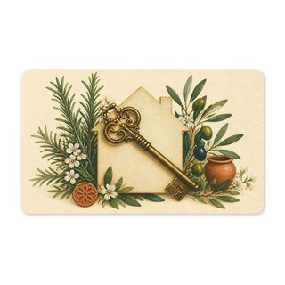 Doormat printed with an antique key across a small house shape, with rosemary and olive branches