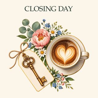 Design art for the Closing Day Coffee Mug: a cup of coffee, a key on a tag and the words Closing Day
