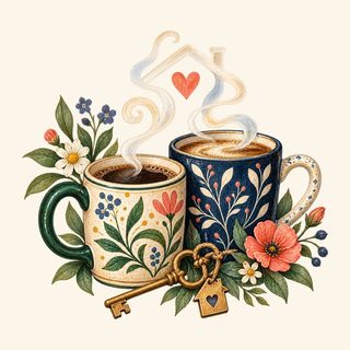 Design art for the Two Mugs New Home Mug: two floral mugs of coffee with a key and flowers