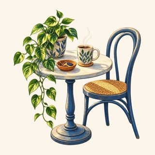 Design art for the Sunlit Breakfast Nook Mug: a small round table, a blue chair and a trailing plant