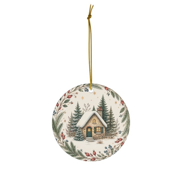 Round ceramic ornament printed with a small cottage among pine trees inside a wreath
