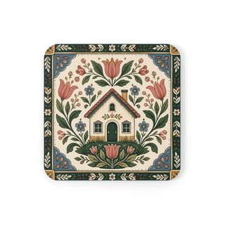 Square coaster printed with a folk art cottage surrounded by tulips