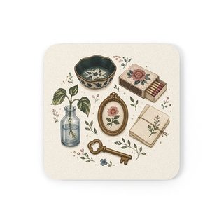 Square coaster printed with a small bowl, a matchbox, a framed flower, a glass vase and a key