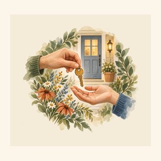 Design art for the Closing Gift Mug: one hand passes a house key to another in front of a blue door