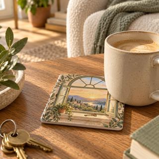 First Morning Home ceramic coaster with an open window and sunrise design, resting on a wooden table beside a mug of coffee and a set of keys