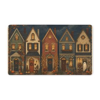 Doormat printed with a row of five houses and a small ghost at the last door