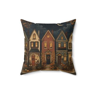 Throw pillow printed with a row of narrow houses under a crescent moon