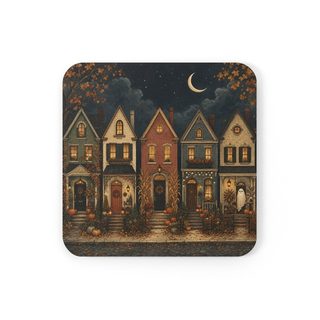 Cork coaster printed with a row of houses under a crescent moon