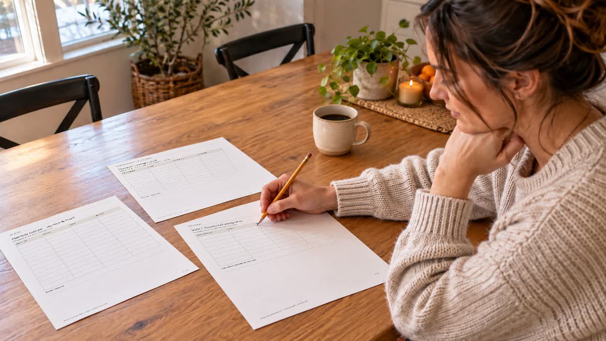2027 Budget Planner and Holiday Savings Tracker printed pages on a wooden desk with a pencil and receipts