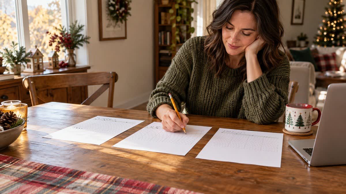 Holiday Savings Tracker and Holiday Gift Budget Tracker pages on a desk with autumn leaves
