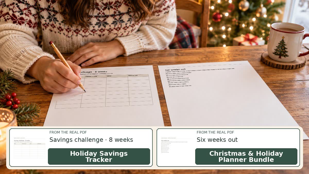 Holiday Planner Bundle and Holiday Savings Tracker sheets on a kitchen table with a notebook