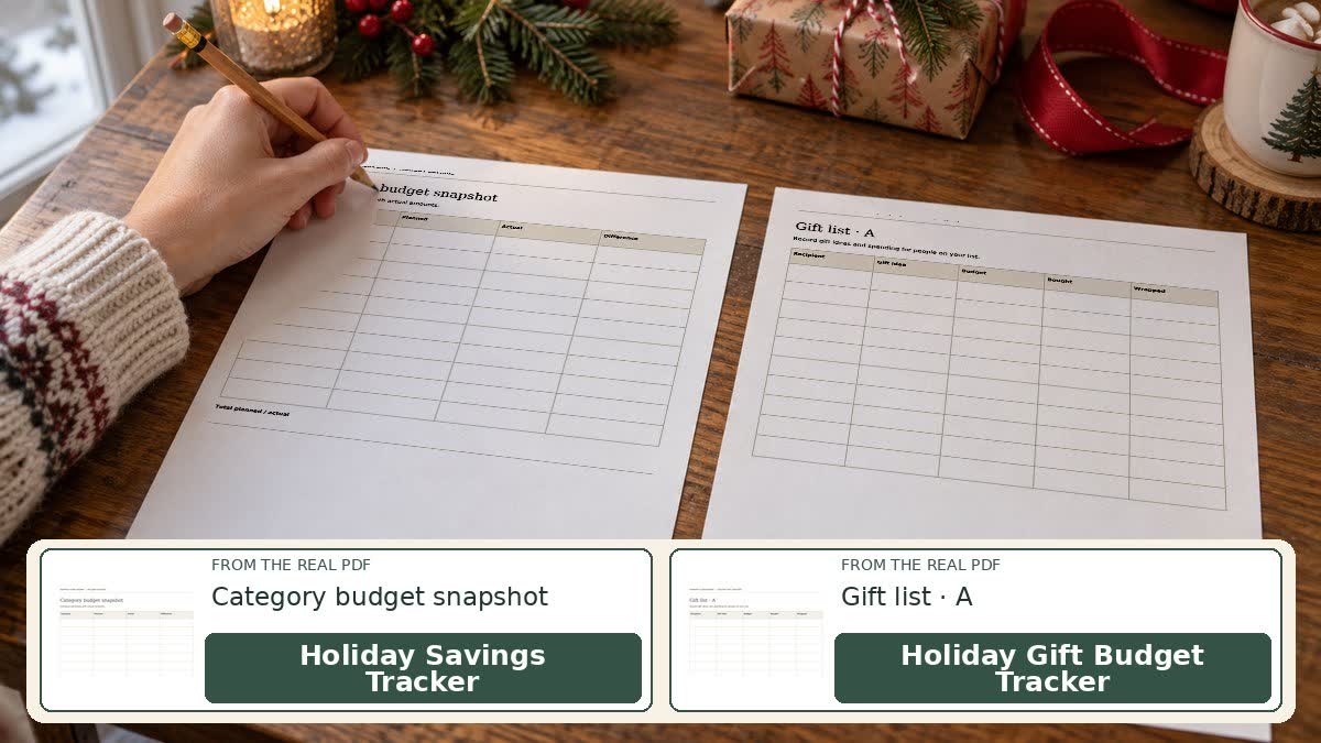 Holiday Gift Budget Tracker and Holiday Savings Tracker sheets on a December gift-planning desk