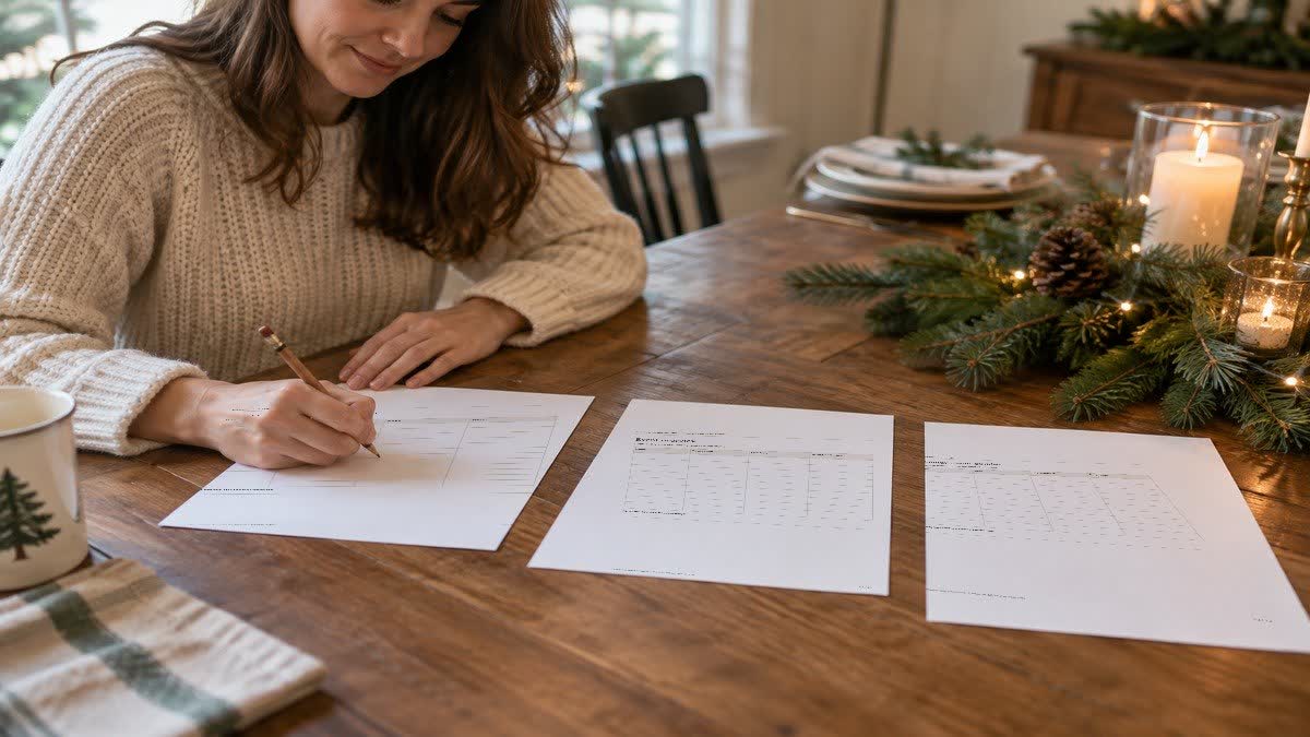 Christmas Hosting Bundle and Dinner Party Planner sheets on a clipboard near a set table