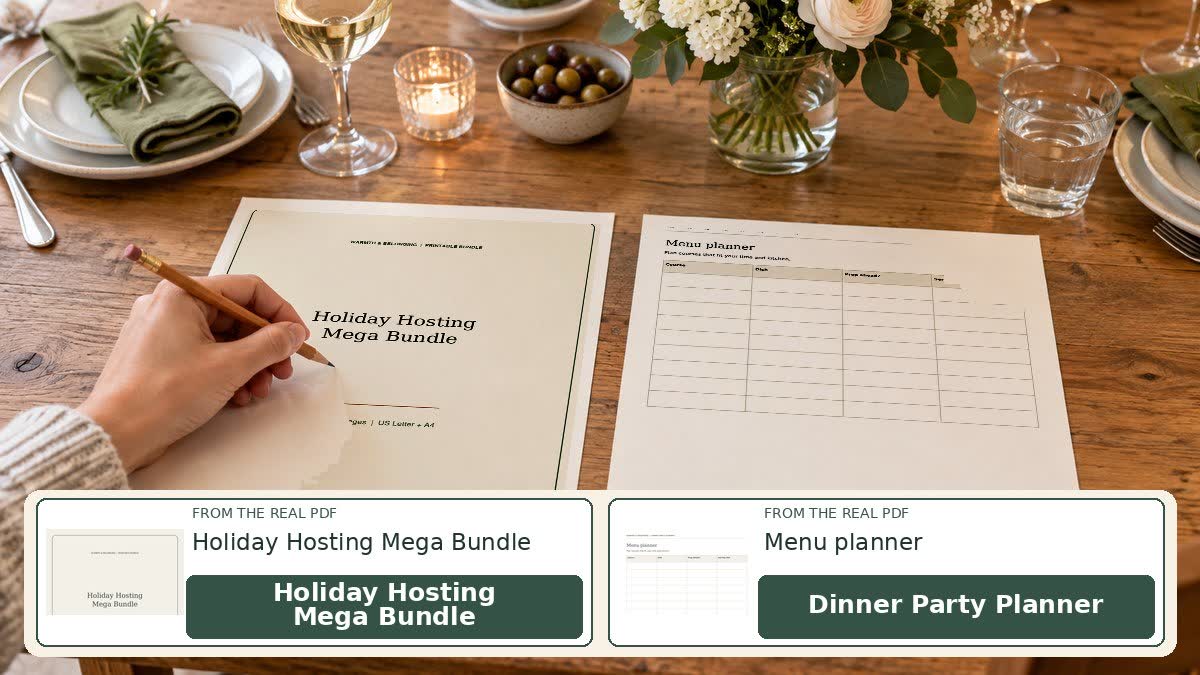 Dinner Party Planner and Holiday Hosting Mega Bundle sheets on a dining table set for eight