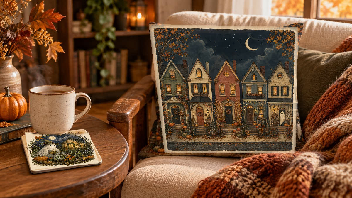 October Row Homes Pillow on a reading chair and Moonlit Ghost Garden Coaster on a side table under a mug