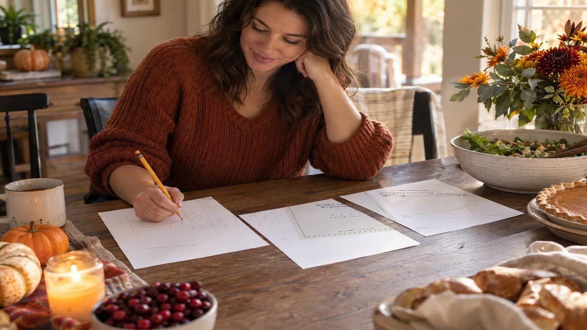 Thanksgiving Hosting Planner and Holiday Hosting Mega Bundle pages on a kitchen counter with recipe ingredients