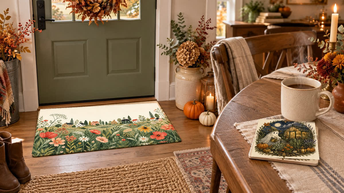 Wildflower Neighborhood Doormat at a holiday entryway and Moonlit Ghost Garden Coaster under a cup on the dining table