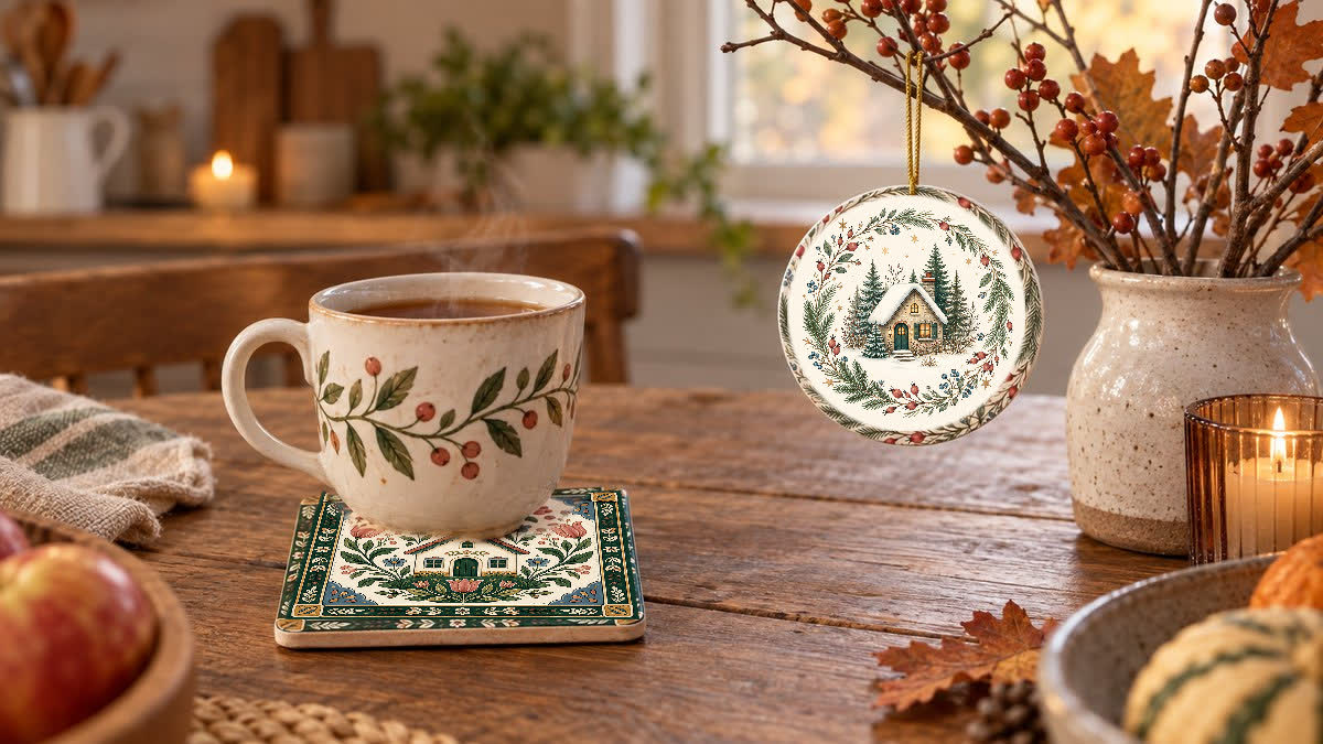 Garden House Tile Coaster under a teacup and Tiny Home Wreath Ornament near a fall kitchen counter