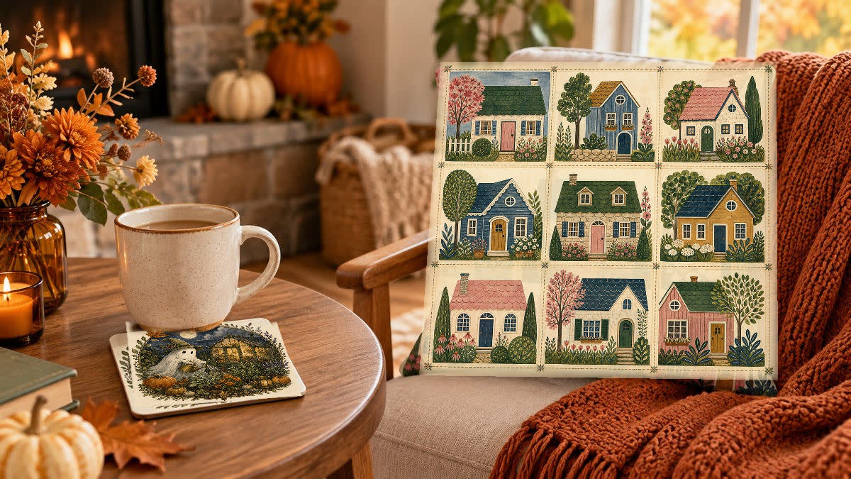 Moonlit Ghost Garden Coaster under a cup and Little Neighborhood Pillow on a living room chair