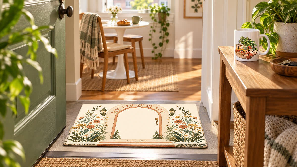 First Apartment Doormat at the entry and First Apartment Gift Mug on a breakfast nook console