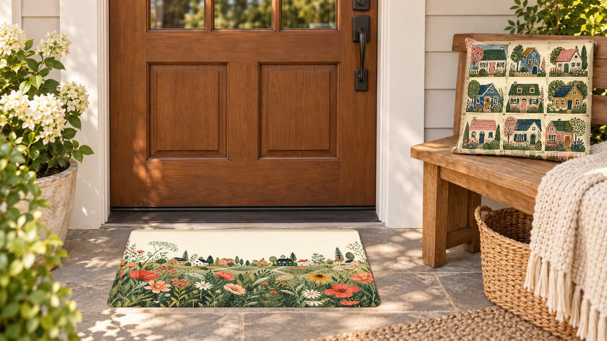 Wildflower Neighborhood Doormat at the front door and Little Neighborhood Pillow on an entry bench
