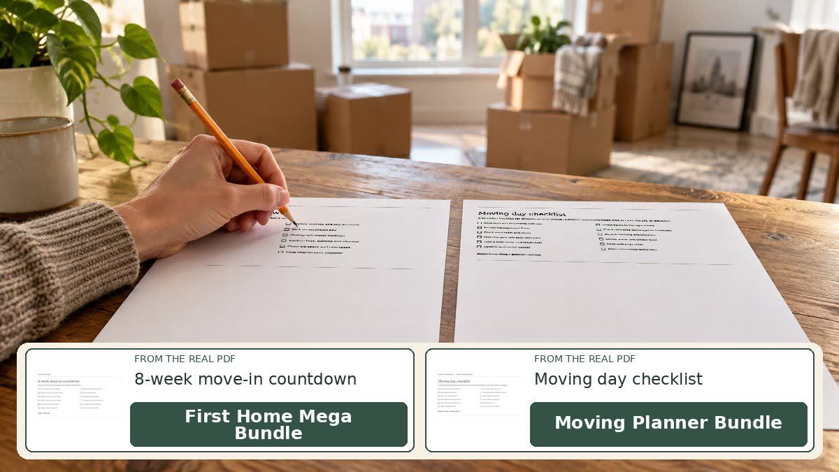 Moving Planner Bundle and First Home Mega Bundle sheets on a clipboard beside labeled moving boxes