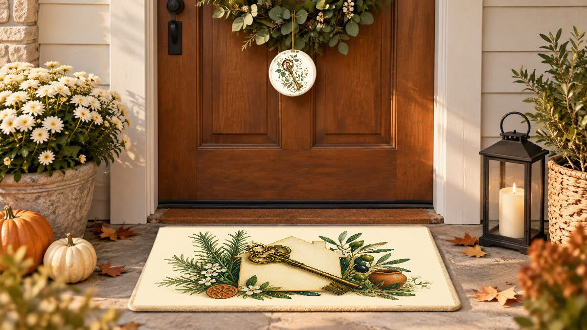 Botanical House Key Doormat on a porch step and matching Botanical House Key Ornament hanging from the front door wreath