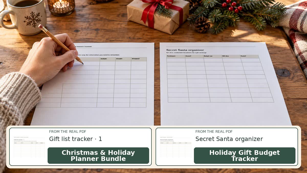 Holiday Gift Budget Tracker and Holiday Planner Bundle pages on a table with a small wrapped gift