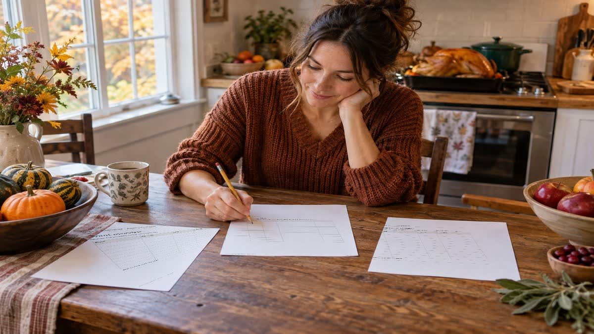 Thanksgiving Hosting Planner and Dinner Party Planner pages on a kitchen counter with seasonal ingredients